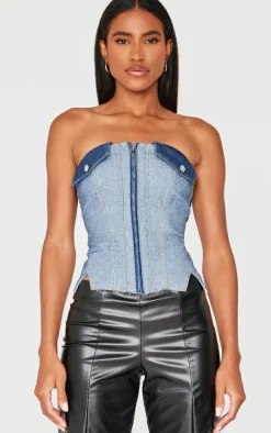 Mid Blue Wash Contrast Panel Denim Crop Top