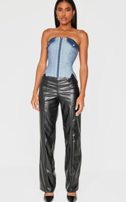 Mid Blue Wash Contrast Panel Denim Crop Top