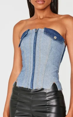 Mid Blue Wash Contrast Panel Denim Crop Top
