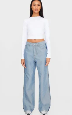 Mid Blue Wash Contrast Panel Denim Straight Leg Jeans