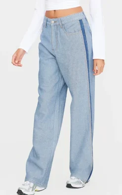 Mid Blue Wash Contrast Panel Denim Straight Leg Jeans