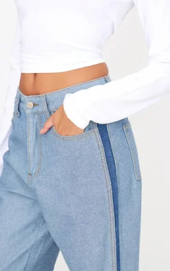 Mid Blue Wash Contrast Panel Denim Straight Leg Jeans