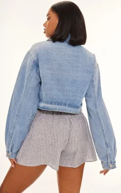 Mid Blue Wash Cropped Button Denim Jacket