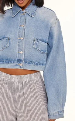 Mid Blue Wash Cropped Button Denim Jacket