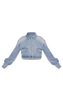 Mid Blue Wash Cropped Button Denim Jacket