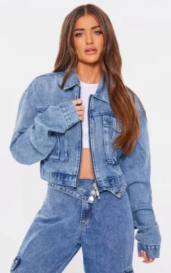 Mid Blue Wash Cropped Pocket Detail Denim Jacket
