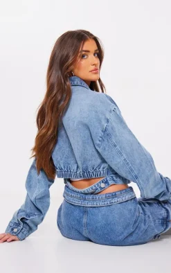 Mid Blue Wash Cropped Pocket Detail Denim Jacket