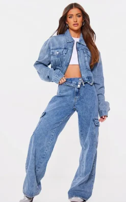 Mid Blue Wash Cropped Pocket Detail Denim Jacket