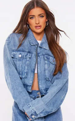 Mid Blue Wash Cropped Pocket Detail Denim Jacket
