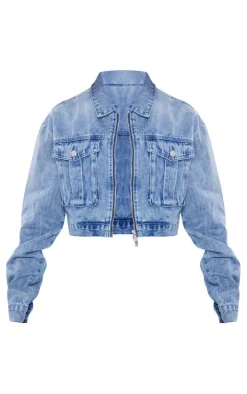 Mid Blue Wash Cropped Pocket Detail Denim Jacket