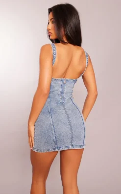 Mid Blue Wash Cupped Seam Detail Denim Mini Dress