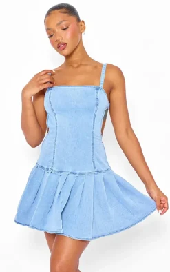 Mid Blue Wash Cut Out Side Pleated Skirt Mini Dress