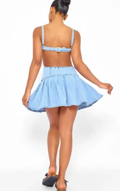 Mid Blue Wash Cut Out Side Pleated Skirt Mini Dress