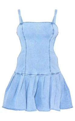 Mid Blue Wash Cut Out Side Pleated Skirt Mini Dress