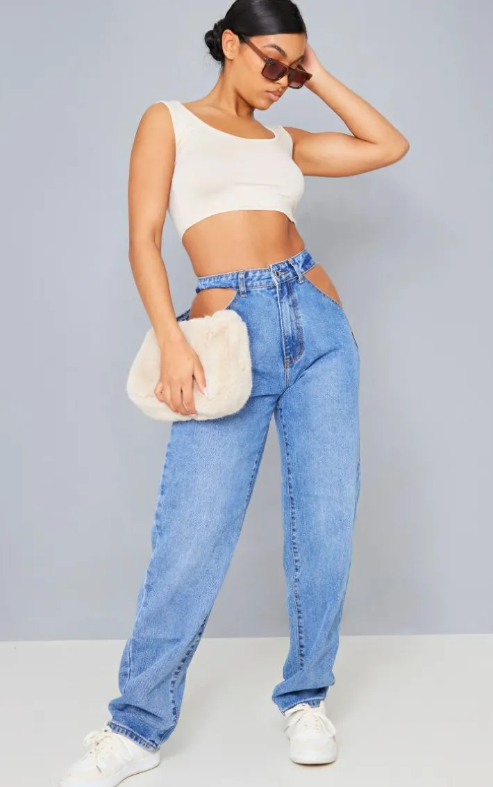 Mid Blue Wash Cut Out Waist Band 90'S Baggy Boyfriend Jeans