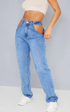 Mid Blue Wash Cut Out Waist Band 90'S Baggy Boyfriend Jeans