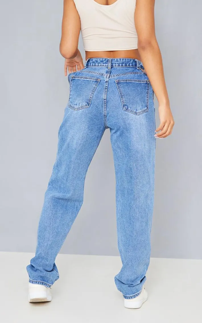Mid Blue Wash Cut Out Waist Band 90'S Baggy Boyfriend Jeans