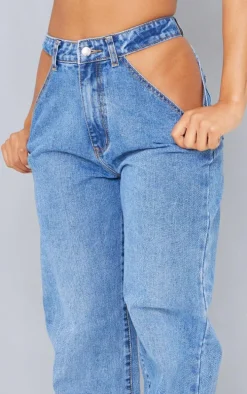Mid Blue Wash Cut Out Waist Band 90'S Baggy Boyfriend Jeans