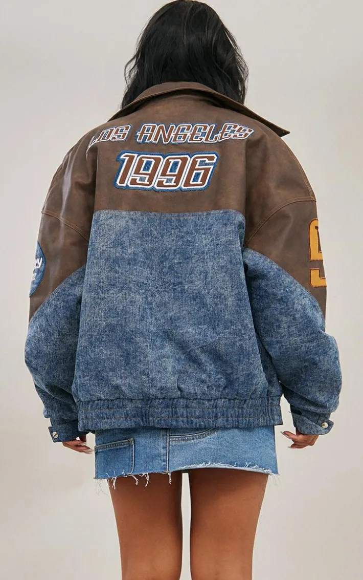 Mid Blue Wash Denim Faux Leather Mix Badge Detail Bomber Jacket