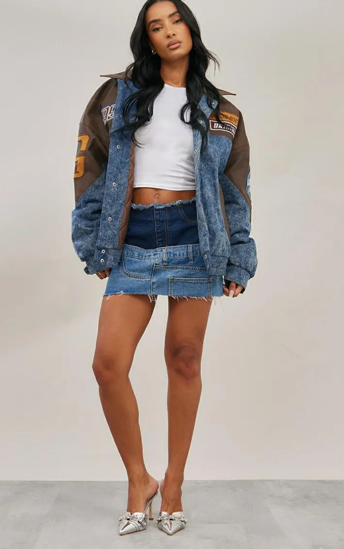 Mid Blue Wash Denim Faux Leather Mix Badge Detail Bomber Jacket