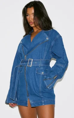 Mid Blue Wash Denim Long Sleeve Belted Biker Dress