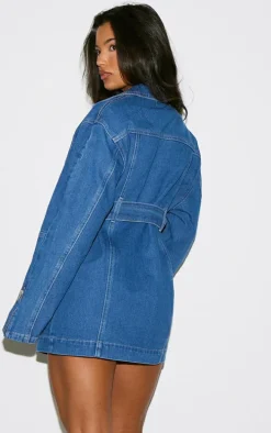Mid Blue Wash Denim Long Sleeve Belted Biker Dress