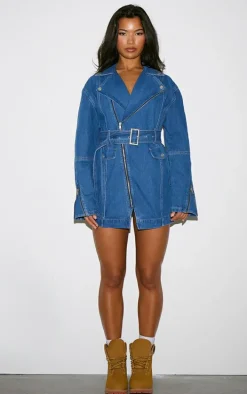 Mid Blue Wash Denim Long Sleeve Belted Biker Dress