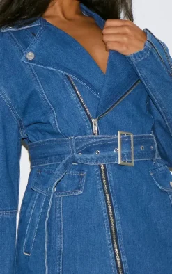 Mid Blue Wash Denim Long Sleeve Belted Biker Dress