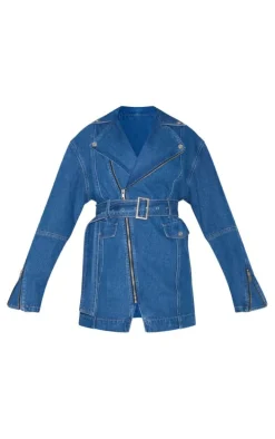 Mid Blue Wash Denim Long Sleeve Belted Biker Dress