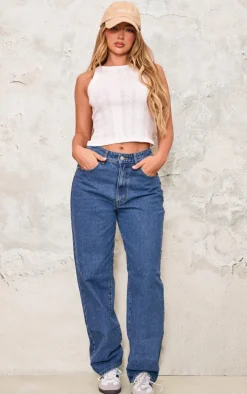 Mid Blue Wash Dipped Back Waistband Boyfriend Jeans