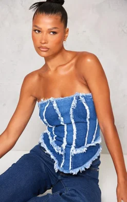 Mid Blue Wash Distressed Seam Detail Paneled Dipped Corset