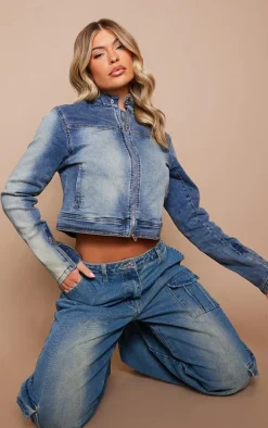 Mid Blue Wash Faded Motocross Jacket