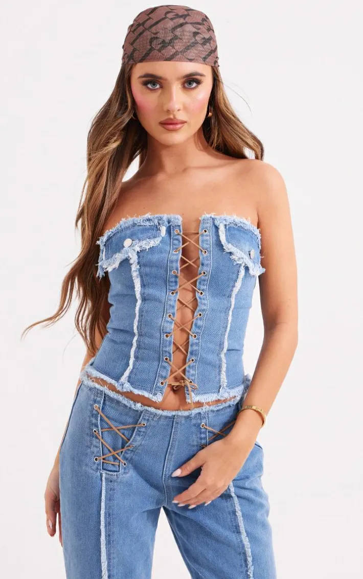 Mid Blue Wash Frayed Detail Lace Up Denim Corset