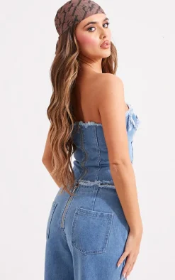 Mid Blue Wash Frayed Detail Lace Up Denim Corset