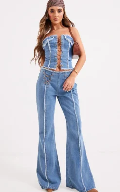 Mid Blue Wash Frayed Detail Lace Up Denim Corset