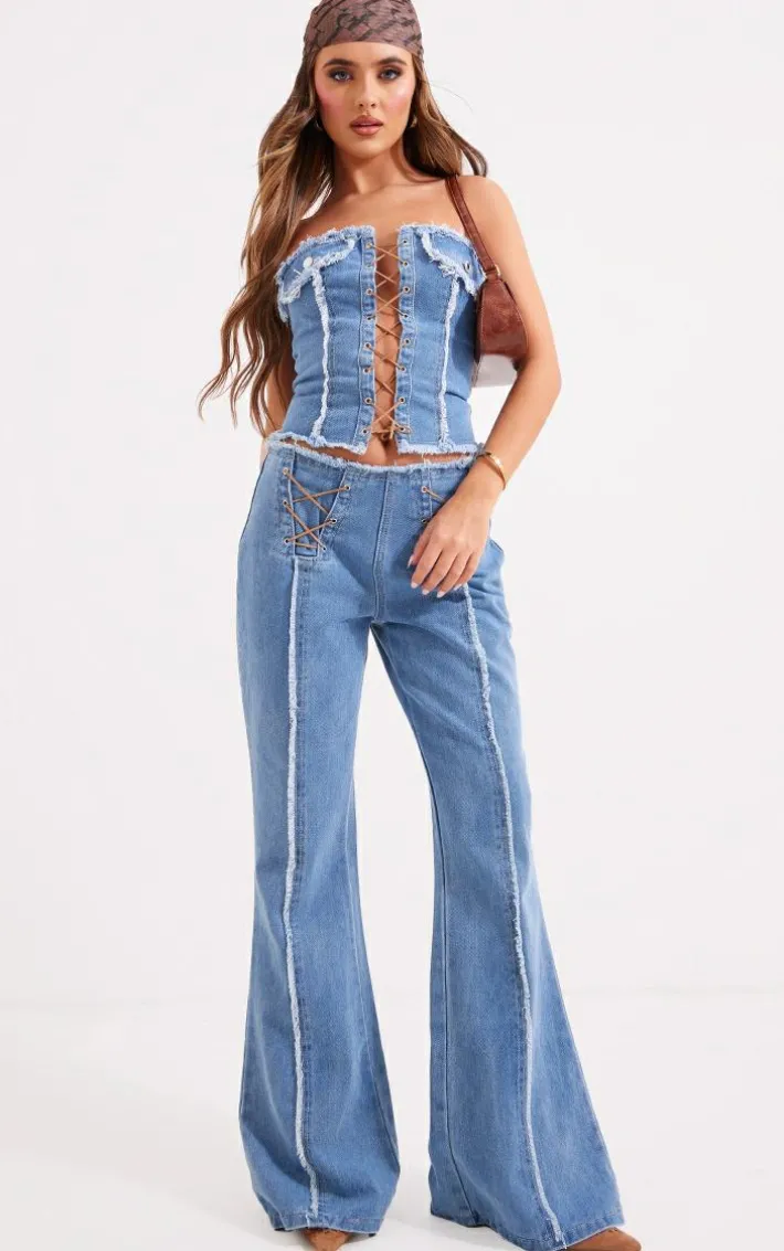 Mid Blue Wash Frayed Detail Lace Up Denim Corset