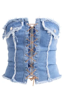 Mid Blue Wash Frayed Detail Lace Up Denim Corset