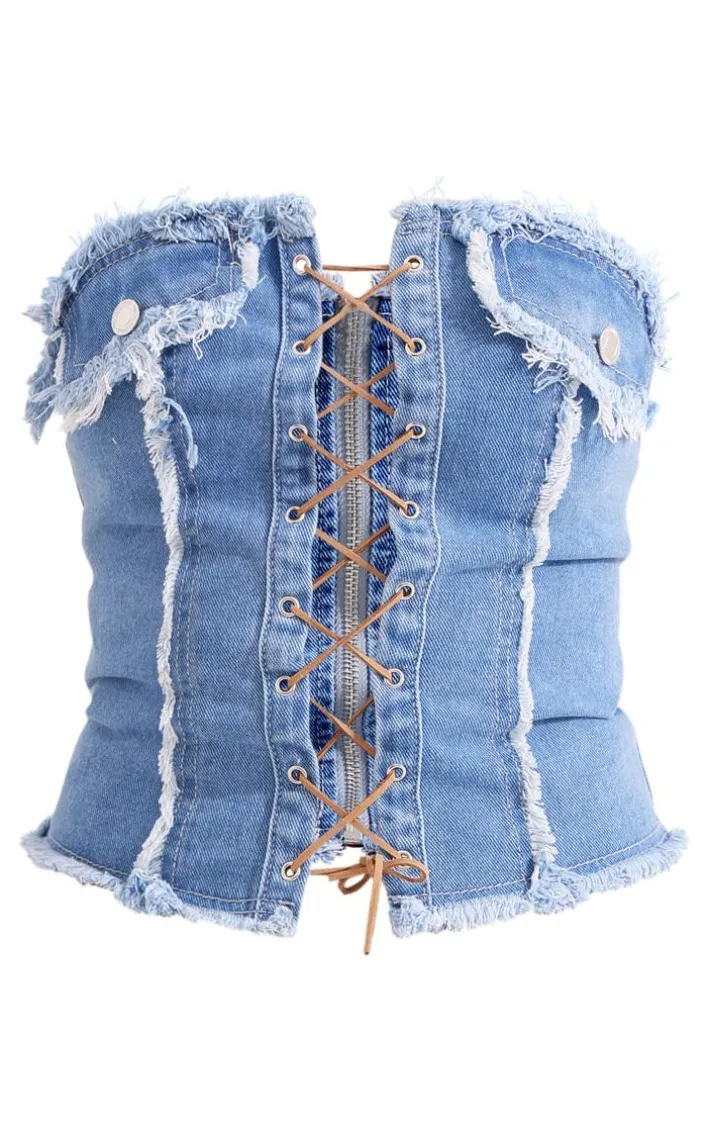 Mid Blue Wash Frayed Detail Lace Up Denim Corset