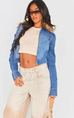 Mid Blue Wash Fur Trim Denim Biker Jacket