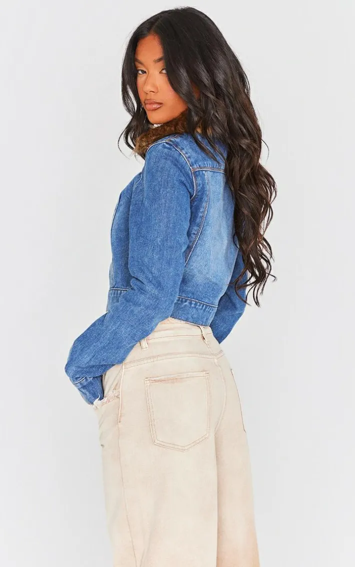 Mid Blue Wash Fur Trim Denim Biker Jacket