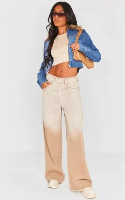 Mid Blue Wash Fur Trim Denim Biker Jacket