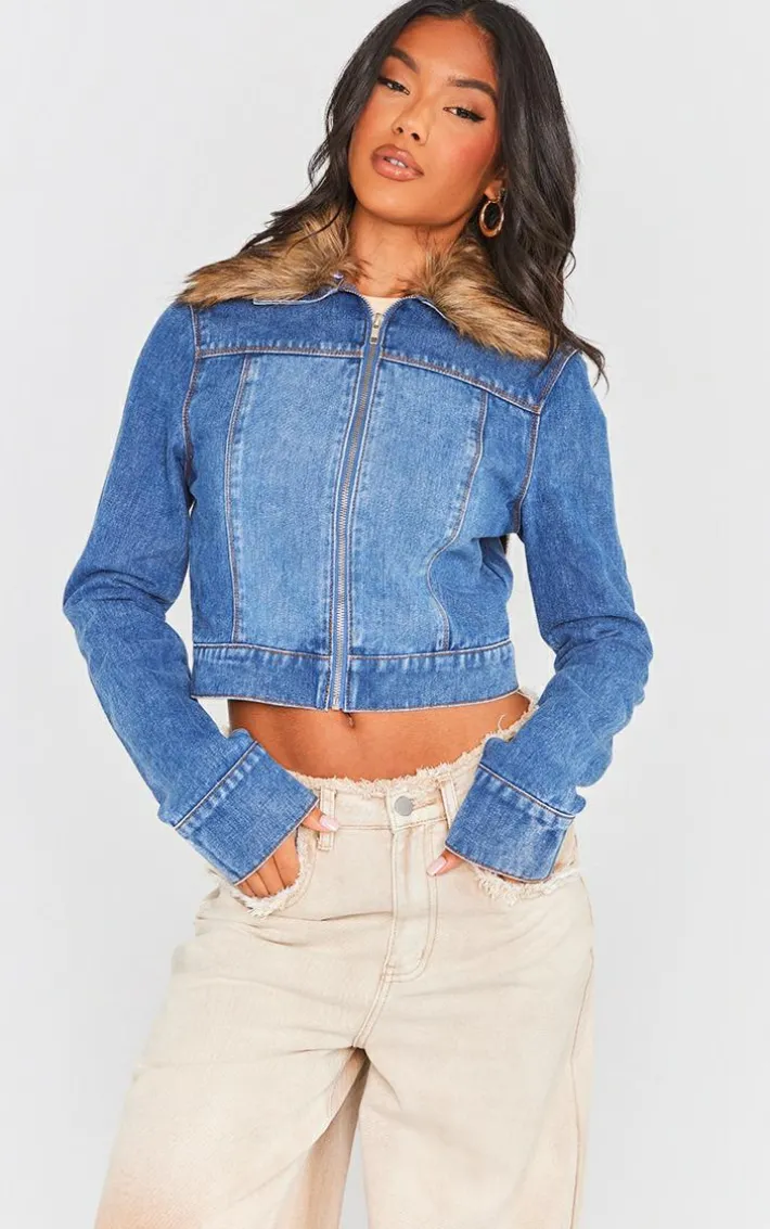 Mid Blue Wash Fur Trim Denim Biker Jacket