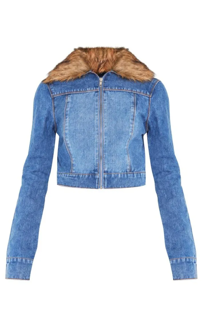 Mid Blue Wash Fur Trim Denim Biker Jacket