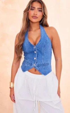 Mid Blue Wash Halterneck Denim Vest