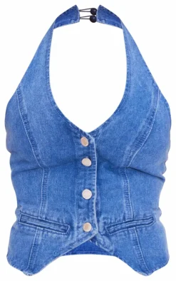 Mid Blue Wash Halterneck Denim Vest