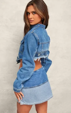 Mid Blue Wash Hanky Hem Cropped Denim Jacket