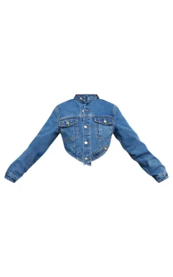 Mid Blue Wash Hanky Hem Cropped Denim Jacket
