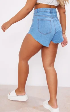 Mid Blue Wash High Side Denim Mom Shorts