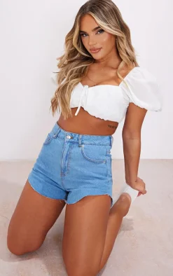 Mid Blue Wash High Side Denim Mom Shorts