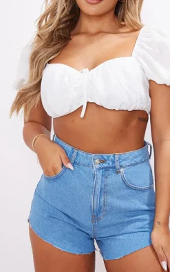 Mid Blue Wash High Side Denim Mom Shorts